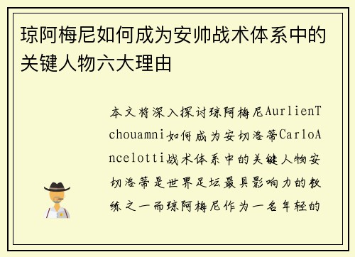 琼阿梅尼如何成为安帅战术体系中的关键人物六大理由